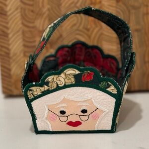 Mrs Claus handmade small fabric quilted candy or gift basket with handles, Xmas